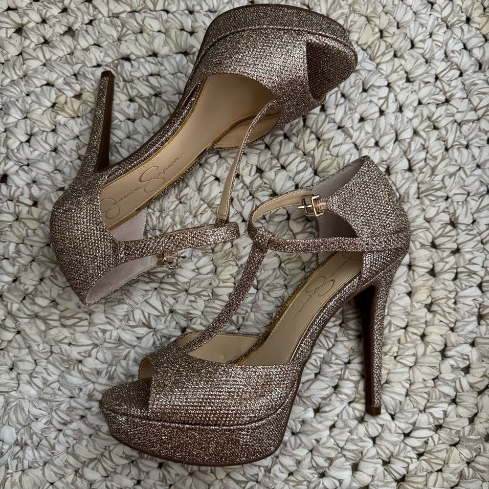 Jessica Simpson Glitter Rose Gold T-Strap Platform Heels